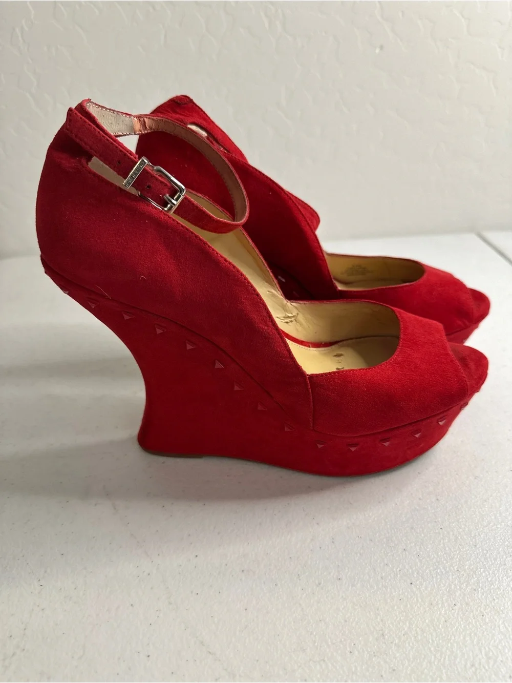 Gianni Bini Red Suede Peep-Toe Ankle-Strap Wedges